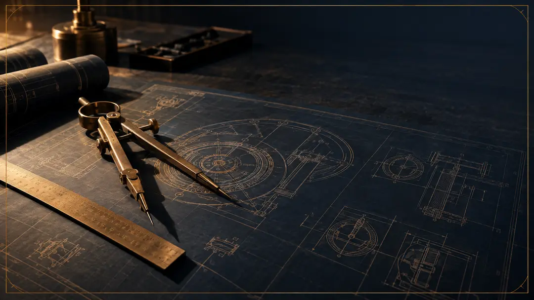 Projeto técnico com instrumentos de desenho sobre mesa
